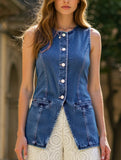 Retro Round-Neck Cinched Waist Denim Vest ??Classic Denim Outerwear for Women