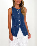 Retro Round-Neck Cinched Waist Denim Vest ??Classic Denim Outerwear for Women