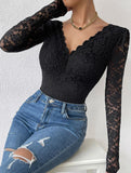 LACE LONG SLEEVE HOT GIRL SEE-THROUGH SLIM BODYSUIT