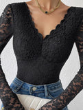 LACE LONG SLEEVE HOT GIRL SEE-THROUGH SLIM BODYSUIT