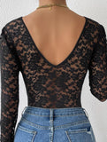 LACE LONG SLEEVE HOT GIRL SEE-THROUGH SLIM BODYSUIT