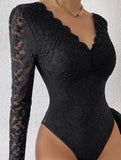 LACE LONG SLEEVE HOT GIRL SEE-THROUGH SLIM BODYSUIT