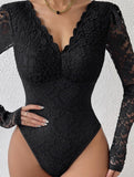 LACE LONG SLEEVE HOT GIRL SEE-THROUGH SLIM BODYSUIT