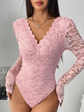 LACE LONG SLEEVE HOT GIRL SEE-THROUGH SLIM BODYSUIT