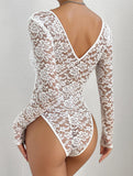 LACE LONG SLEEVE HOT GIRL SEE-THROUGH SLIM BODYSUIT