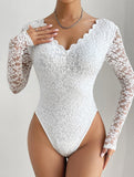 LACE LONG SLEEVE HOT GIRL SEE-THROUGH SLIM BODYSUIT
