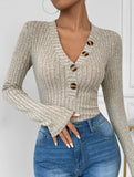 Solid color long-sleeved striped V-neck jumpsuit