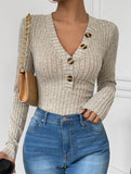 Solid color long-sleeved striped V-neck jumpsuit