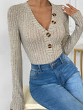 Solid color long-sleeved striped V-neck jumpsuit