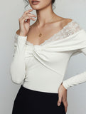 Lace-trimmed knotted off-shoulder bodysuit