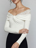 Lace-trimmed knotted off-shoulder bodysuit