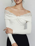 Lace-trimmed knotted off-shoulder bodysuit