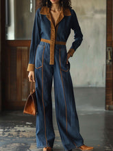 Retro-style fitted denim jumpsuit