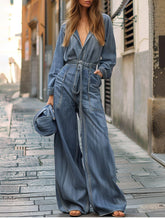 Fashionable light blue denim fitted jumpsuit
