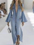 Trendy denim deep V jumpsuit