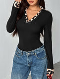 Slim Leopard Patchwork Knit Bodysuit Shirt_CWSBSL00064