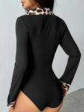 Slim Leopard Patchwork Knit Bodysuit Shirt_CWSBSL00064