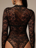 Lace Mock Neck Long Sleeve Slim Bodysuit