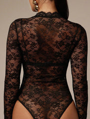 Lace Mock Neck Long Sleeve Slim Bodysuit