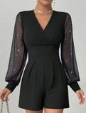 V-neck, fitted waist, mesh panel straight-leg jumpsuit_CWSBSL00069