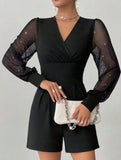 V-neck, fitted waist, mesh panel straight-leg jumpsuit_CWSBSL00069
