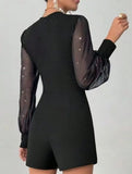 V-neck, fitted waist, mesh panel straight-leg jumpsuit_CWSBSL00069