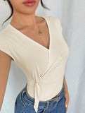 V Neck Tie Side Short Sleeve Jumpsuit