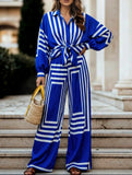 Striped Pleated Shirt and Wide Leg Pants Set_CWSJB00036