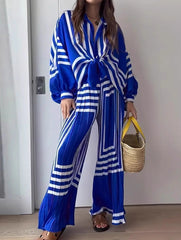 Striped Pleated Shirt and Wide Leg Pants Set_CWSJB00036