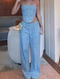 Denim sequined slim-fit tube-top wide-leg pants