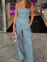 Denim sequined slim-fit tube-top wide-leg pants