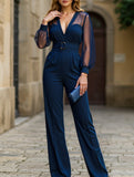 Deep V-neck mesh patchwork jumpsuit