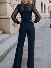 Deep V-neck mesh patchwork jumpsuit