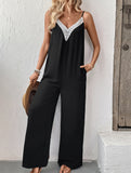 Sleeveless casual lace-trimmed wide-leg jumpsuit