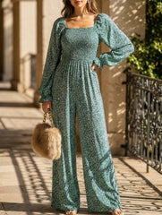 Square Neck Puff Sleeve Floral Jumpsuit_CWSJS00407
