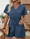 Solid V Neck Waist Romper