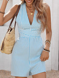 Stripe Backless Tie V Neck Jumpsuit