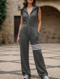 Lace Stripe Sleeveless Hooded Romper