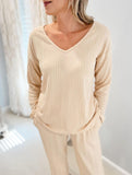 Ribbed Long Sleeve Pajama Set Two Piece_CWSPJ00579