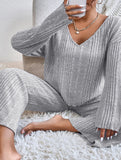 Ribbed Long Sleeve Pajama Set Two Piece_CWSPJ00579