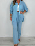 two-piece shirt and straight pants suit
