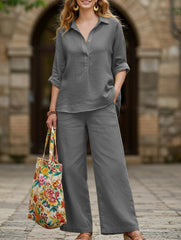 Lapel shirt and wide-leg pants two-piece suit