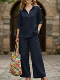 Lapel shirt and wide-leg pants two-piece suit