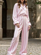 Casual collared striped wide-leg trouser suit