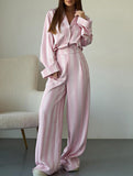 Casual collared striped wide-leg trouser suit