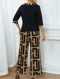 Geometric pattern top and wide-leg pants set