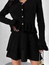 V-neck ruffled waist-cinching knit two-piece set