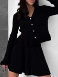 V-neck ruffled waist-cinching knit two-piece set