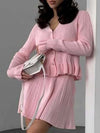 V-neck ruffled waist-cinching knit two-piece set