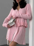 V-neck ruffled waist-cinching knit two-piece set